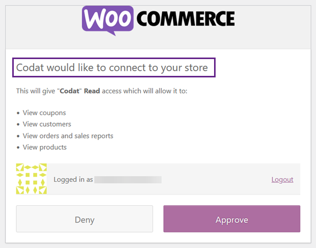 The WooCommerce store connection dialog using an application name of Codat WooCommerce store connection flow